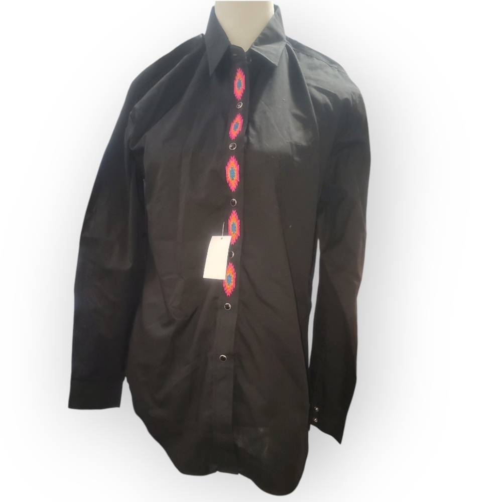 Vintage Ely Country Charmers pearl snap western shirt L black orange blue nwt